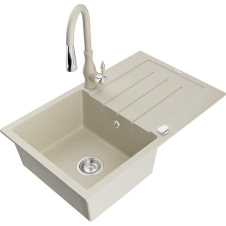 Mexen Bruno 1-bowl granite sink with drainer and Savita kitchen faucet, beige - 6513-69-672601-69