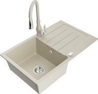 Mexen Bruno 1-bowl granite kitchen sink with drainer and Savita kitchen faucet, beige - 6513-69-672601-69