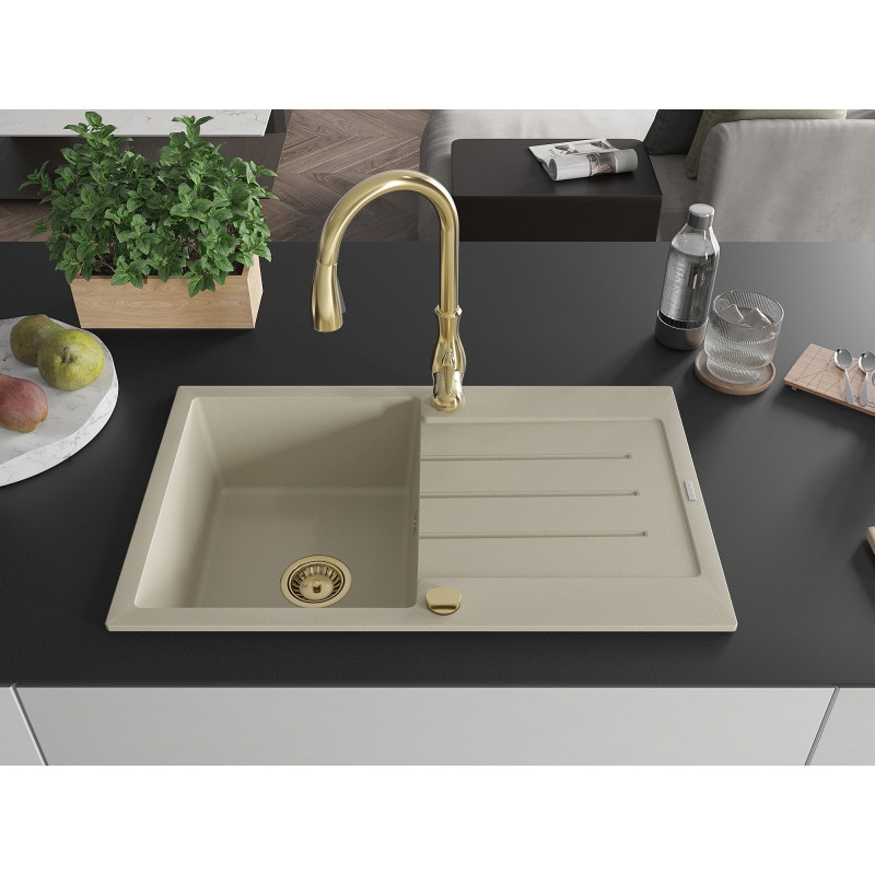Mexen Bruno granite sink 1-bowl with drainer and Savita kitchen faucet, beige - 6513-69-672601-50