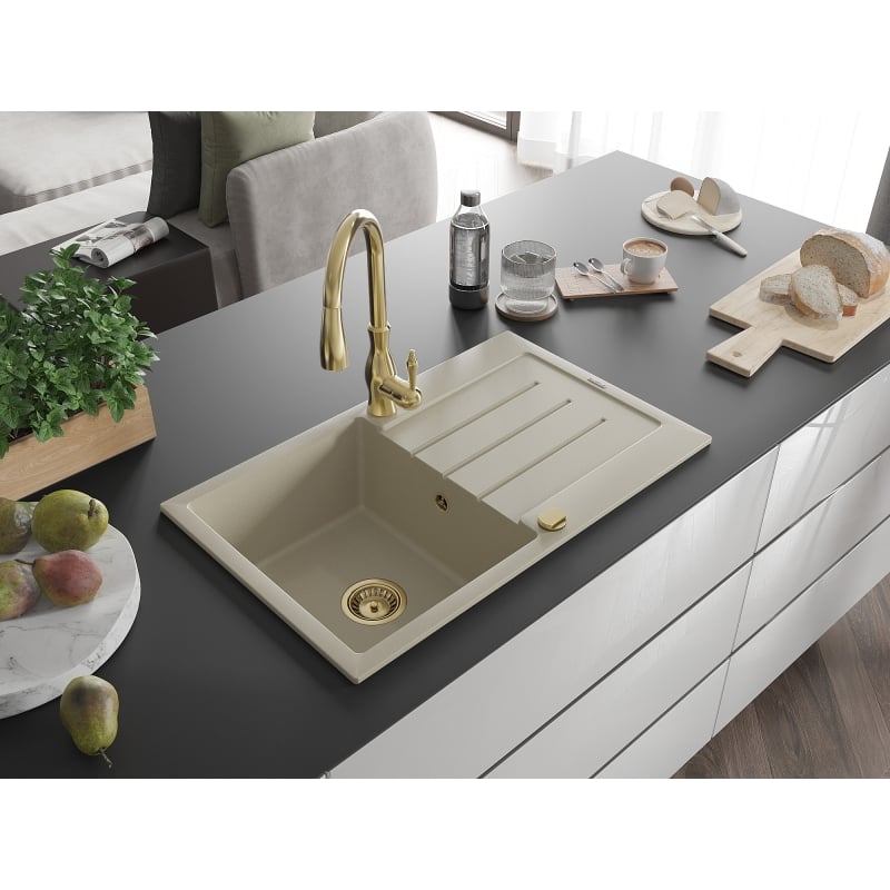 Mexen Bruno 1-bowl granite sink with drainer and Savita kitchen faucet, beige - 6513-69-672601-50
