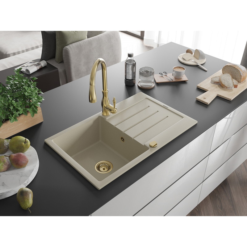 Mexen Bruno granite sink 1-bowl with drainer and Savita kitchen faucet, beige - 6513-69-672601-50