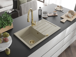 Mexen Bruno granite sink 1-bowl with drainer and Savita kitchen faucet, beige - 6513-69-672601-50