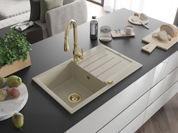 Mexen Bruno 1-compartment granite sink with a drip tray and kitchen mixer tap Savita, Beige - 6513-69-672601-50