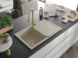 Mexen Bruno granite sink 1-bowl with drainer and Savita kitchen faucet, beige - 6513-69-672601-50