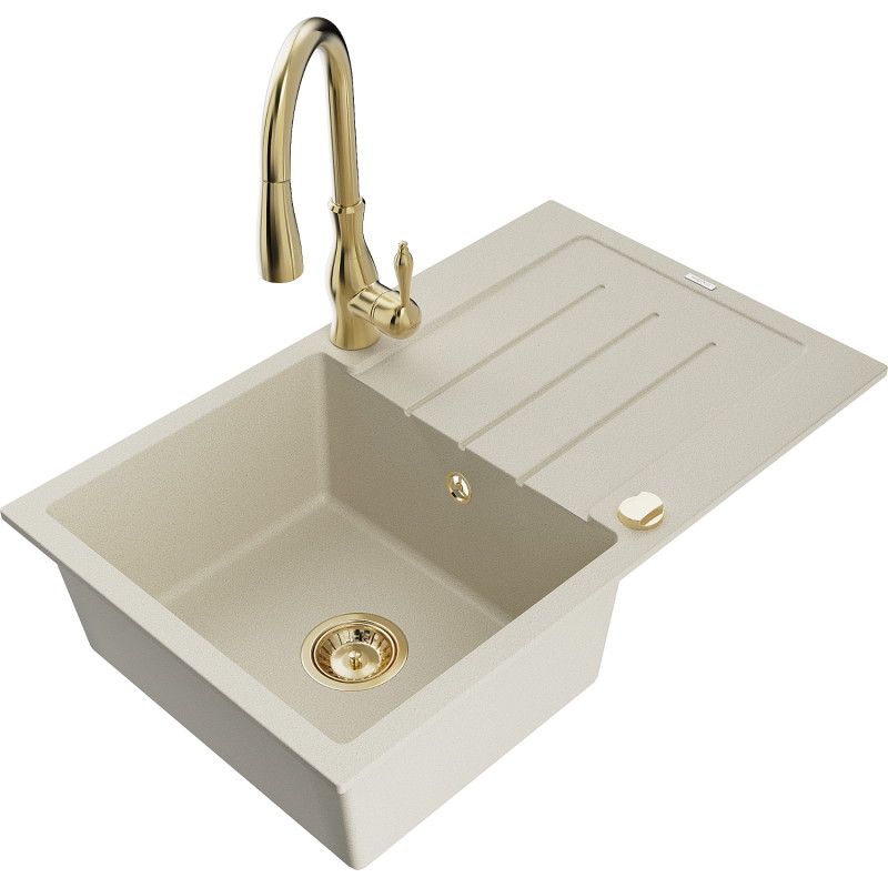 Mexen Bruno 1-bowl granite sink with drainer and Savita kitchen faucet, beige - 6513-69-672601-50