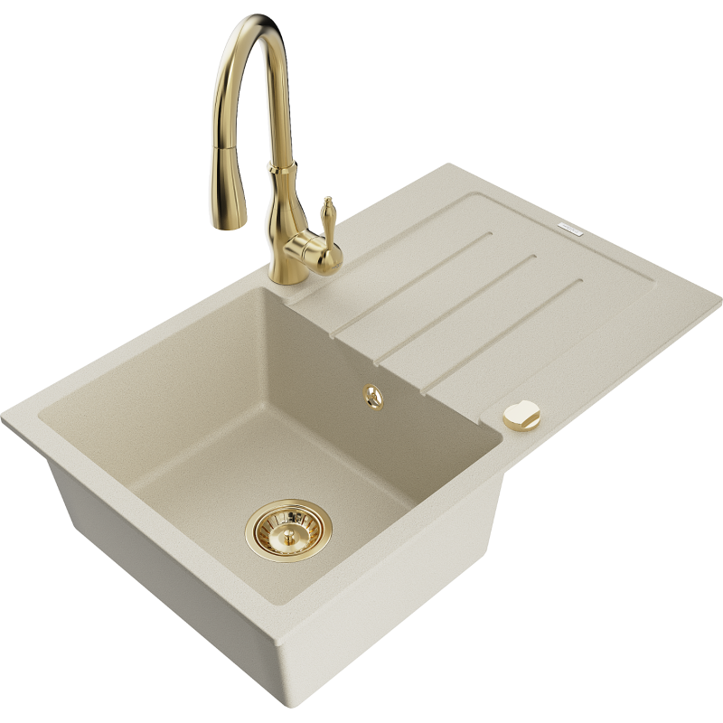 Mexen Bruno granite sink 1-bowl with drainer and Savita kitchen tap, beige - 6513-69-672601-50