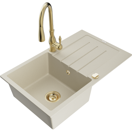 Mexen Bruno 1-compartment granite sink with a drip tray and kitchen mixer tap Savita, Beige - 6513-69-672601-50