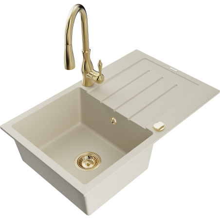 Mexen Bruno granite sink 1-bowl with drainer and Savita kitchen tap, beige - 6513-69-672601-50
