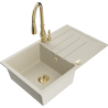 Mexen Bruno granite sink 1-bowl with drainer and Savita kitchen faucet, beige - 6513-69-672601-50