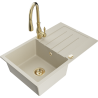 Mexen Bruno granite sink 1-bowl with drainer and Savita kitchen tap, beige - 6513-69-672601-50