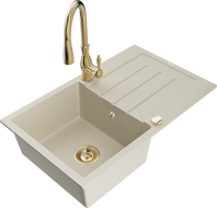 Mexen Bruno granite sink 1-bowl with drainer and Savita kitchen faucet, beige - 6513-69-672601-50