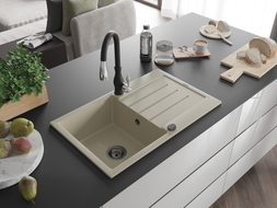 Mexen Bruno 1-bowl granite sink with drainer and Savita kitchen faucet, beige - 6513-69-672601-70