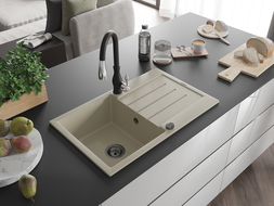 Mexen Bruno 1-compartment granite sink with a drip tray and kitchen mixer tap Savita, Beige - 6513-69-672601-70
