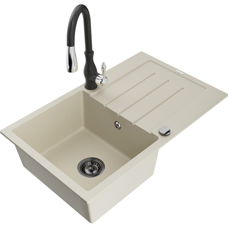 Mexen Bruno 1-bowl granite sink with drainer and Savita kitchen faucet, beige - 6513-69-672601-70