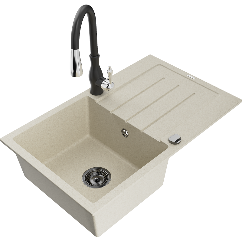 Mexen Bruno 1-bowl granite sink with drainer and Savita kitchen tap, beige - 6513-69-672601-70