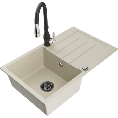 Mexen Bruno 1-bowl granite sink with drainer and Savita kitchen tap, beige - 6513-69-672601-70