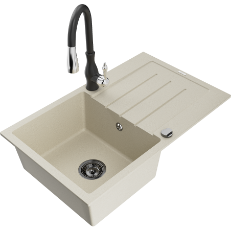 Mexen Bruno 1-compartment granite sink with a drip tray and kitchen mixer tap Savita, Beige - 6513-69-672601-70