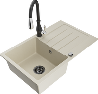 Mexen Bruno 1-bowl granite sink with drainer and Savita kitchen tap, beige - 6513-69-672601-70