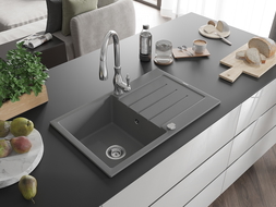 Mexen Bruno 1-compartment granite sink with a drip tray and kitchen mixer tap Savita, Grey - 6513-71-672601-00
