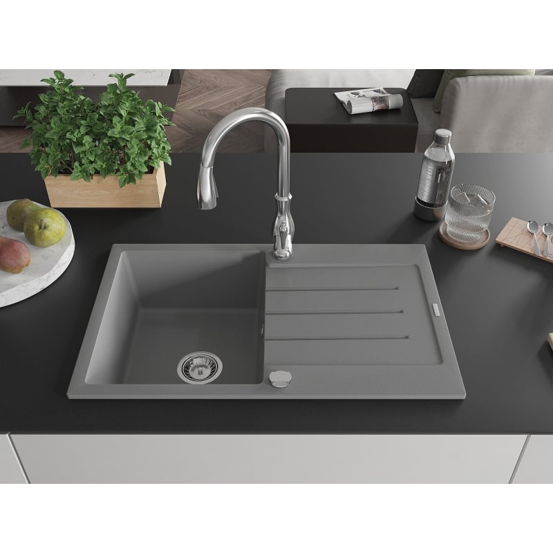 Mexen Bruno granite 1-bowl kitchen sink with drainer and Savita kitchen faucet, gray - 6513-71-672601-00