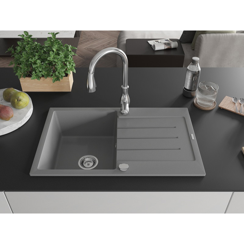 Mexen Bruno granite kitchen sink 1-bowl with drainer and Savita faucet, gray - 6513-71-672601-00