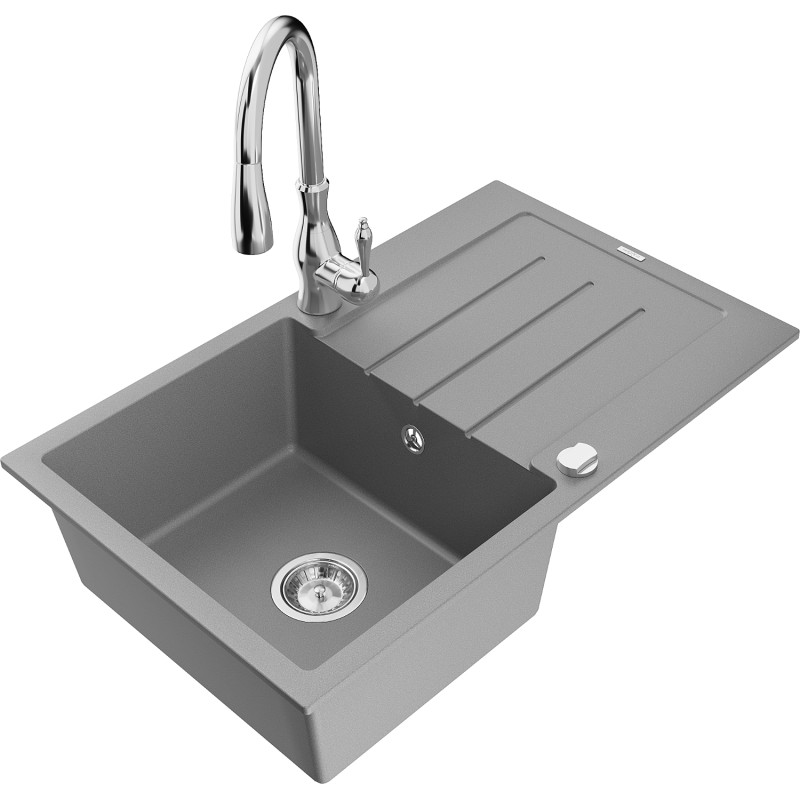 Mexen Bruno granite 1-bowl kitchen sink with drainer and Savita kitchen faucet, gray - 6513-71-672601-00
