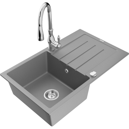 Mexen Bruno 1-compartment granite sink with a drip tray and kitchen mixer tap Savita, Grey - 6513-71-672601-00