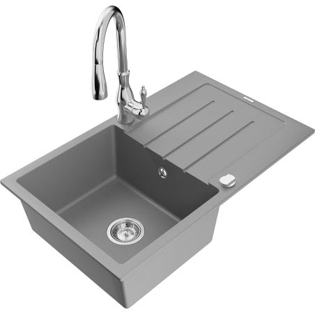 Mexen Bruno granite 1-bowl kitchen sink with drainer and Savita kitchen faucet, gray - 6513-71-672601-00