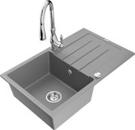 Mexen Bruno granite kitchen sink 1-bowl with drainer and Savita faucet, gray - 6513-71-672601-00