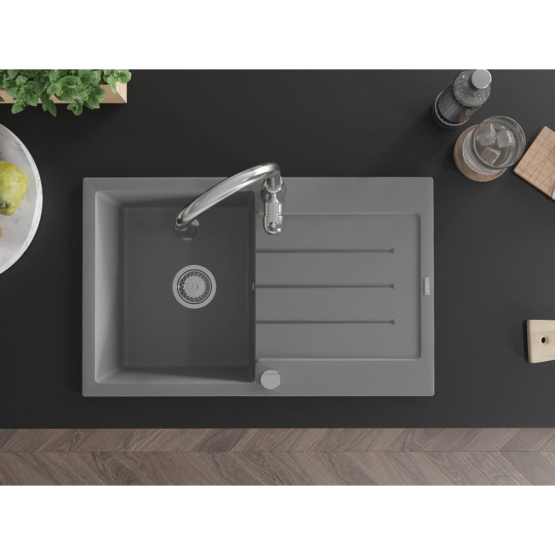 Mexen Bruno granite 1-bowl kitchen sink with drainer and Savita kitchen faucet, gray - 6513-71-672601-00