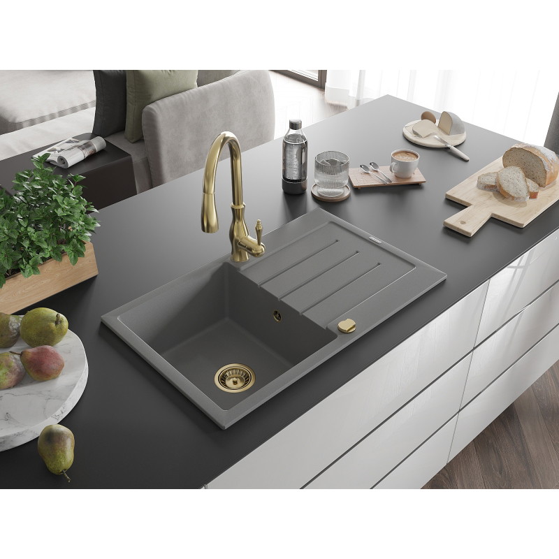 Mexen Bruno 1-bowl granite sink with drainer and Savita kitchen faucet, gray - 6513-71-672601-50