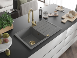 Mexen Bruno 1-bowl granite sink with drainer and kitchen faucet Savita, gray - 6513-71-672601-50