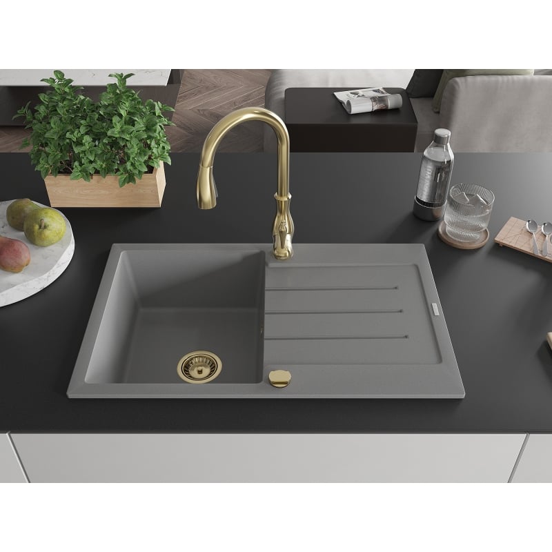 Mexen Bruno 1-bowl granite sink with drainer and kitchen faucet Savita, gray - 6513-71-672601-50
