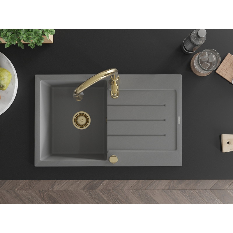 Mexen Bruno 1-bowl granite sink with drainer and Savita kitchen faucet, gray - 6513-71-672601-50