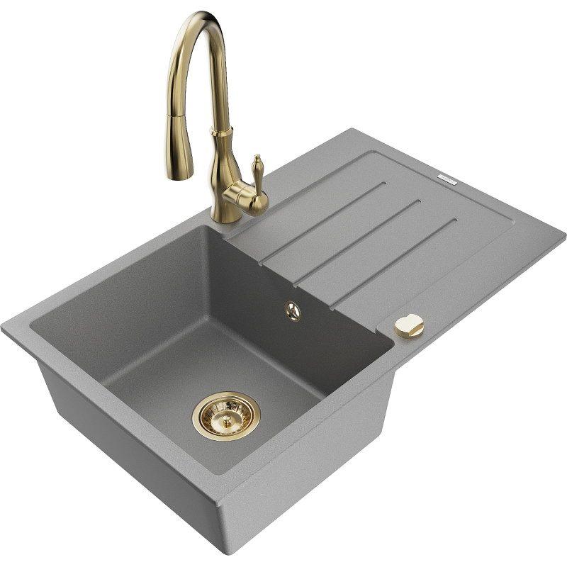 Mexen Bruno 1-bowl granite sink with drainer and kitchen faucet Savita, gray - 6513-71-672601-50