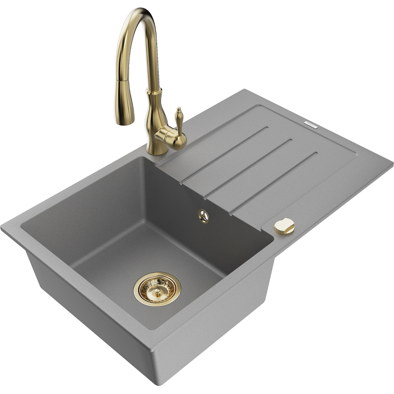 Mexen Bruno 1-bowl granite sink with drainer and Savita kitchen tap, grey - 6513-71-672601-50