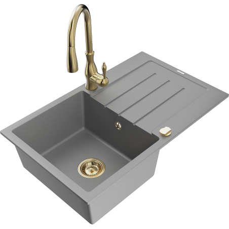 Mexen Bruno 1-bowl granite sink with drainer and kitchen faucet Savita, gray - 6513-71-672601-50