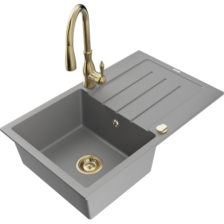Mexen Bruno 1-bowl granite sink with drainer and Savita kitchen faucet, gray - 6513-71-672601-50