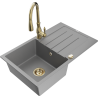 Mexen Bruno 1-bowl granite sink with drainer and kitchen faucet Savita, gray - 6513-71-672601-50