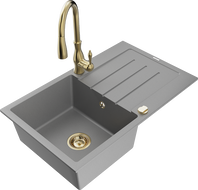 Mexen Bruno 1-bowl granite sink with drainer and kitchen faucet Savita, gray - 6513-71-672601-50