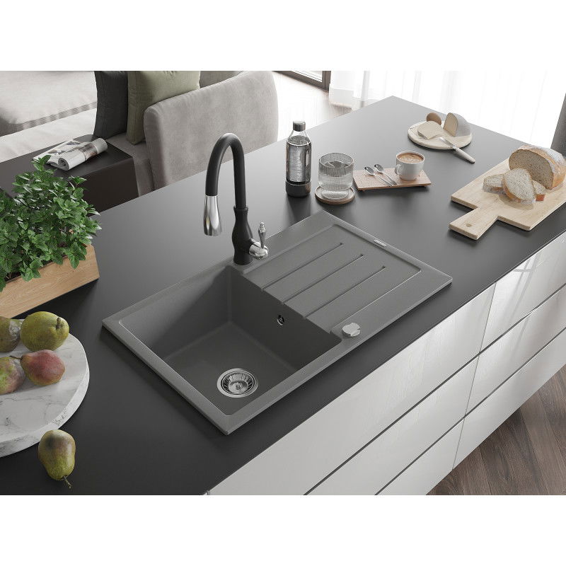 Mexen Bruno 1-Bowl Granite Sink with Drainer and Savita Kitchen Tap, Grey - 6513-71-672601-70