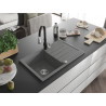 Mexen Bruno granite sink 1-bowl with drainer and kitchen faucet Savita, gray - 6513-71-672601-70