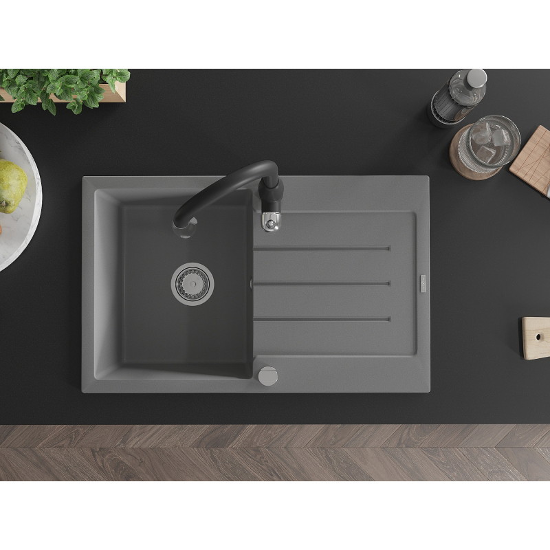Mexen Bruno granite sink 1-bowl with drainer and kitchen faucet Savita, gray - 6513-71-672601-70
