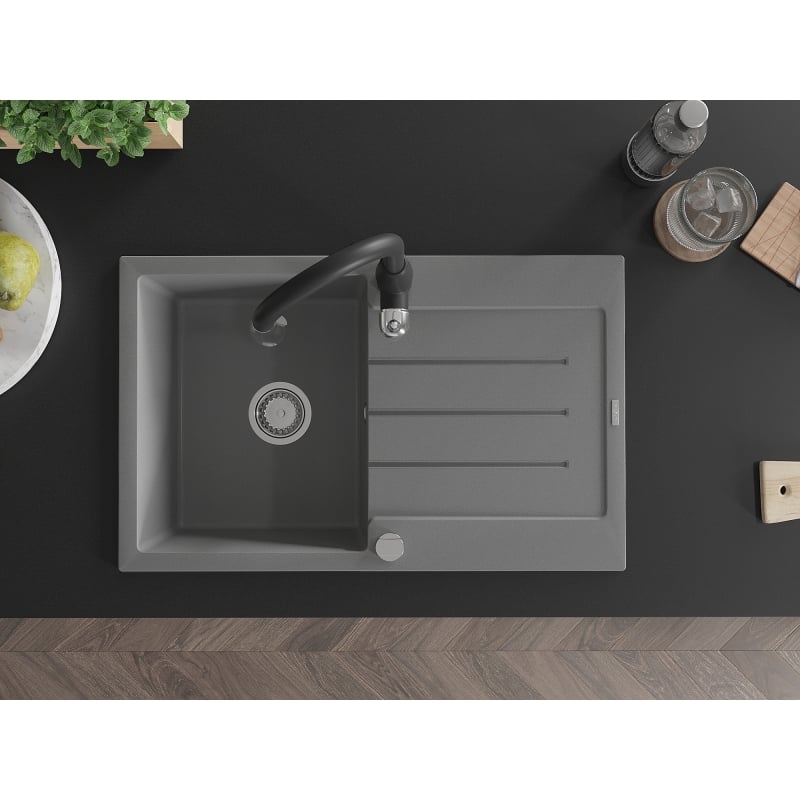 Mexen Bruno granite sink 1-bowl with drainer and Savita kitchen faucet, gray - 6513-71-672601-70