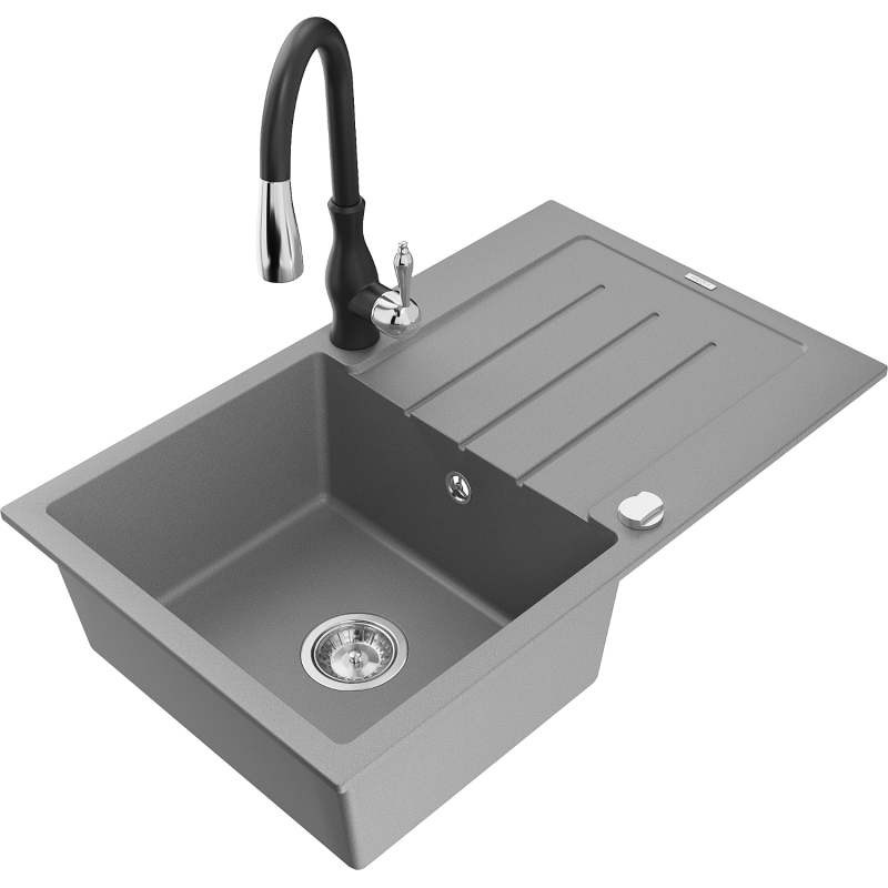 Mexen Bruno 1-Bowl Granite Sink with Drainer and Savita Kitchen Tap, Grey - 6513-71-672601-70