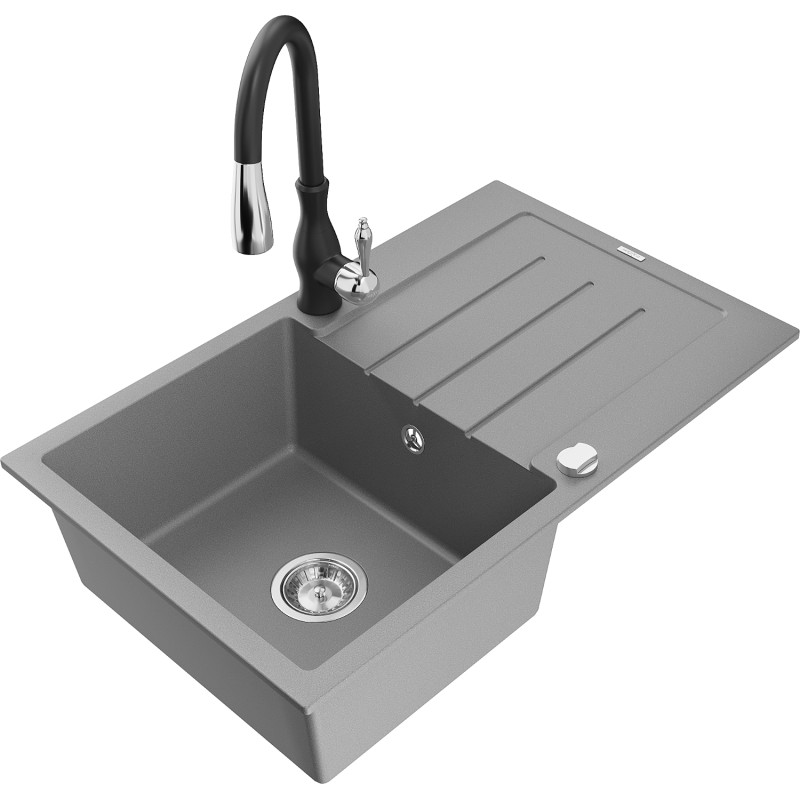 Mexen Bruno granite sink 1-bowl with drainer and kitchen faucet Savita, gray - 6513-71-672601-70
