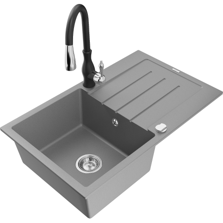 Mexen Bruno 1-Bowl Granite Sink with Drainer and Savita Kitchen Tap, Grey - 6513-71-672601-70