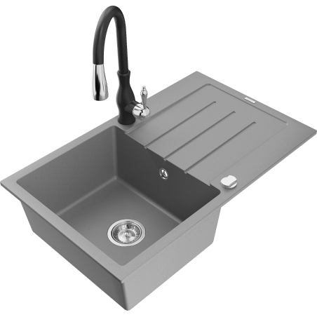 Mexen Bruno granite sink 1-bowl with drainer and Savita kitchen faucet, gray - 6513-71-672601-70