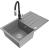 Mexen Bruno granite sink 1-bowl with drainer and kitchen faucet Savita, gray - 6513-71-672601-70