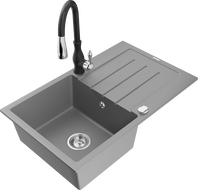 Mexen Bruno granite sink 1-bowl with drainer and kitchen faucet Savita, gray - 6513-71-672601-70